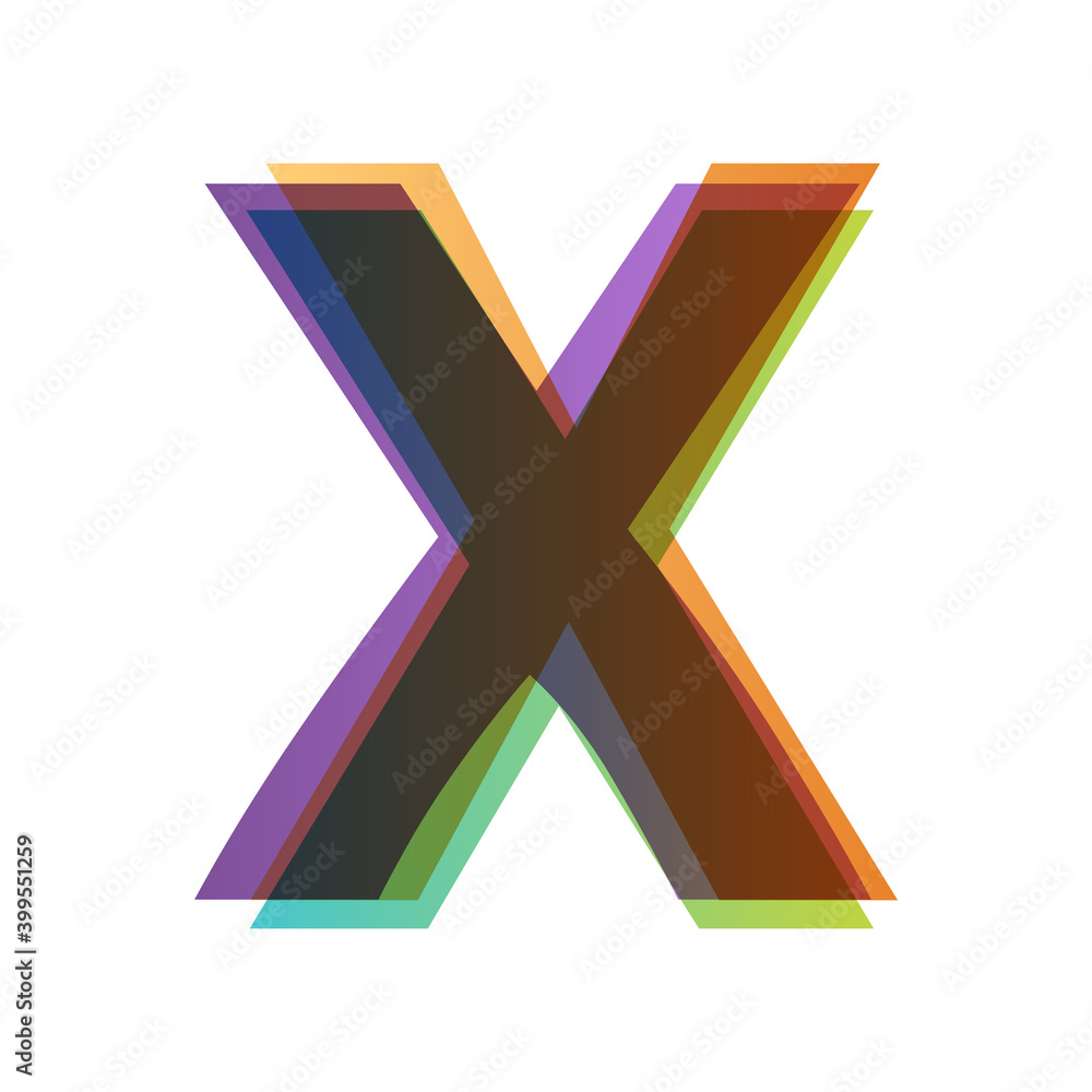 Poster letter x in overlay color transparency style isolated on white background. alphabet folded from diff