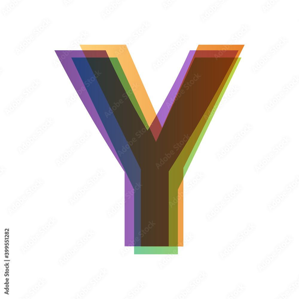 Poster letter y in overlay color transparency style isolated on white background. alphabet folded from diff