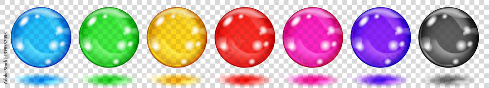 Poster set of translucent colored spheres with glares and shadows on transparent background. transparency o