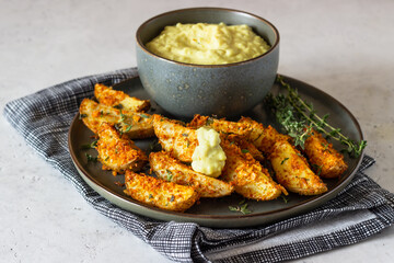 Baked crispy potato wedges with cheese sauce and thyme on black plate. Homemade snack food.
