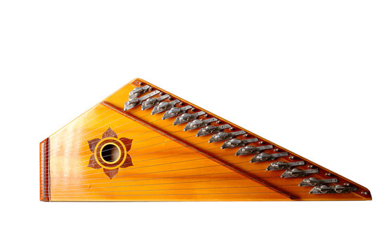 Gusli, East Slavic multi-string plucked instrument, belonging to the zither family. On white background, side view. Isolated. 