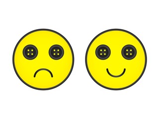 Smiley with buttoned eyes. Smiling and sad yellow emoji with buttons instead of eyes creepy vector character mood design.