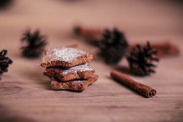 Christmas table. blurred image homemade cookies on wooden backg
