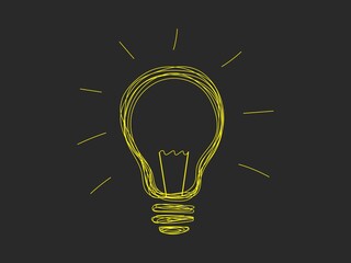 Light bulb glowing in dark abstract sketch icon. Yellow electric light lines with rays on black background new creative idea and electric lighting vector.