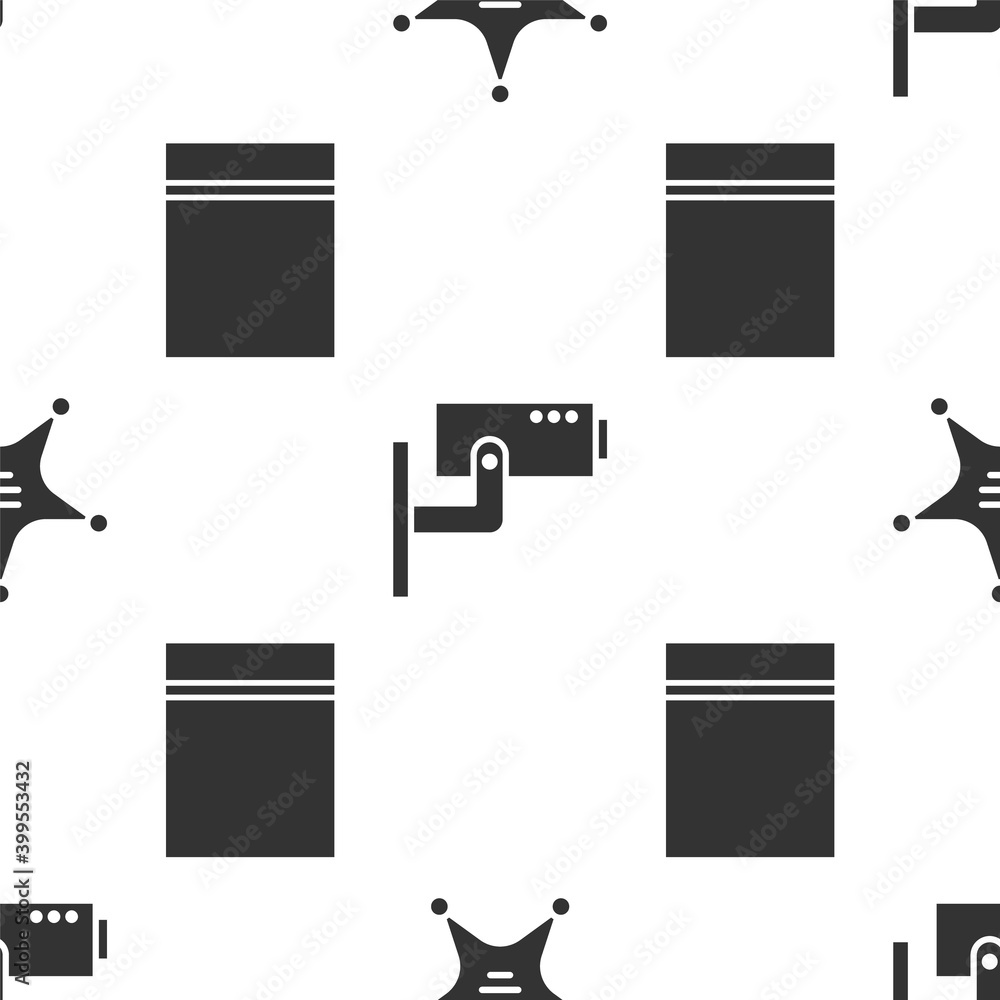 Poster set hexagram sheriff, security camera and plastic bag with ziplock on seamless pattern. vector.