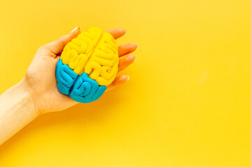 Fototapeta premium Idea concept. Use your brain. Model of clay in the hand, top view