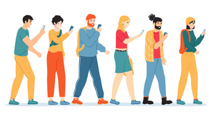 People smartphone addiction. Internet, social media addicted people, male and female character with gadget addiction problems vector illustration. Smartphone addiction, female and male in social media - obrazy, fototapety, plakaty