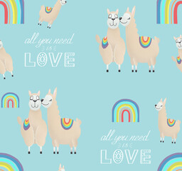 Seamless pattern with two kissing llamas. All you need is love. LGBT
