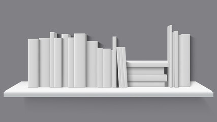 Realistic books on bookshelf. Library, home or school bookshelf, blank books stand in row. Blank book mockups vector illustration. Bookshelf library, shelf with books