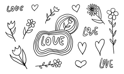 Doodle illustration of love elements. Spring season. Hand drawn simple element. St Vaentines or mothers day greeting card
