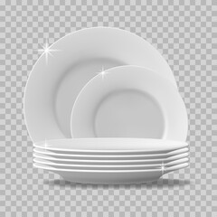 Realistic plates stack. Clean dishes, stacked kitchen tableware, dishwasher washed food plates. Stack of clean tableware vector illustration. Porcelain crockery plate, detailed kitchen closeup utensil - obrazy, fototapety, plakaty