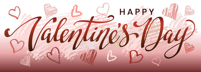 Valentine Day greeting card template with calligraphy and hearts on pink background.