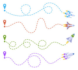 Rocket line route. Space travel dashed line trace, spacecraft ship routes, flying shuttle. Aerospace rockets dotted line route vector illustration. Flight line way, rocket path dotted