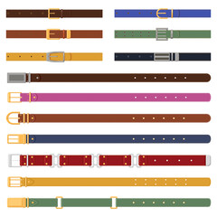 Leather strapping belts. Leathern belt with metal buckle, elegant fashion strap elements. Leather clothes accessories vector illustration set. Belt with metallic buckle, accessory brown and colored