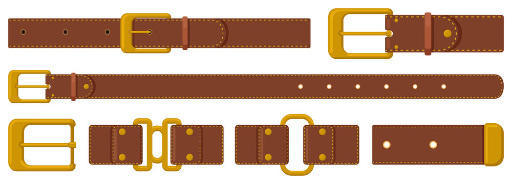 Leather strapping. Brown leather belts with steel buckles and metal fittings. Haberdashery strapping accessories vector illustration set. Strapping belt form leather, metallic accessory