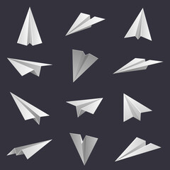 Paper planes. Handmade origami aircraft figures, paper folding hobby. Polygonal paper shapes isolated vector illustration set. Plane flight, fold polygon origami paper