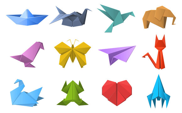 Paper origami shapes. Origami polygonal paper folding, pigeon, animals, plane and ship figures. Oriental origami hobby vector illustration set. Origami polygon animal, cat and frog