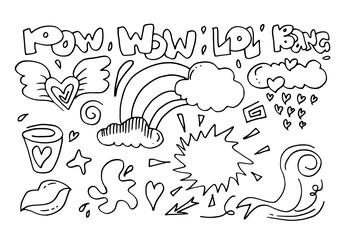hand drawn set elements, black on  white background, clouds,rain,heart,pow,wow,lol,bang,lips and winged heart for concept design.