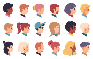 People portraits. Men, women multiracial profile faces, male and female face characters. Human avatars vector illustration set. Character profile female and male people
