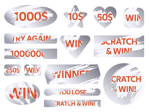 Scratch cards. Lottery silver scratch cards, winning game lottery card covers. Win lottery ticket vector illustration set. Award gaming, winning money lottery