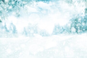 sky and pine trees abstract background blurred. white snowflakes bokeh winter for Christmas new year blurred beautiful . winter time and snow space for your decoration