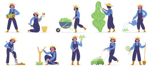 Garden worker. Female gardener planting, watering and growing sprouts, garden job with farming tools. Agriculture gardener vector illustrations. Gardener farm worker, farmer agriculture