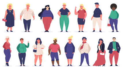 Body positive people. Plus size male and female multiracial characters, attractive curvy, overweight group. Beauty diversity vector illustrations. Oversize obesity, pretty large lady and male