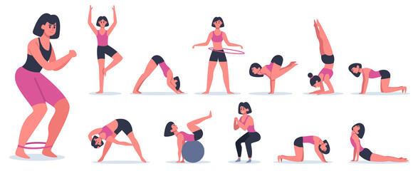 Fitness and yoga. Sportive young woman doing fitness and yoga, pilates workout and yoga asanas. Healthy sport lifestyle vector illustrations. Fitness activity yoga exercise, lifestyle workout