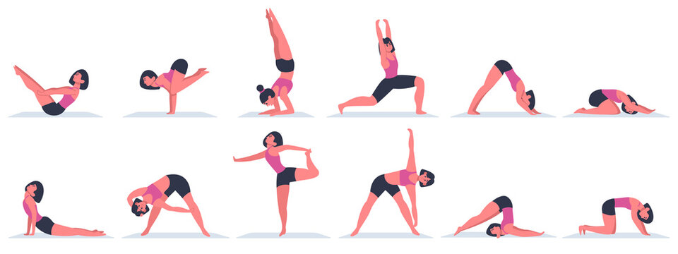 Yoga woman. Young female character doing yoga asanas, physical exercises for healthy lifestyle. Various yoga positions vector illustrations. Stretching gymnastic, physical yoga asana