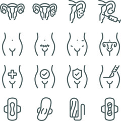 Female icon illustration vector set. Contains such icons as Surgery, sanitary napkin, Fetus, Genital, Uterus, Vagina, Medical, Ovary, and more. Expanded Stroke