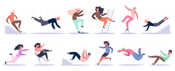 Falling people. Stumbling, slipping, falling down stairs, ladder and altitude characters. Bad luck people falling down vector illustration set. People slippery and unbalance, attention danger