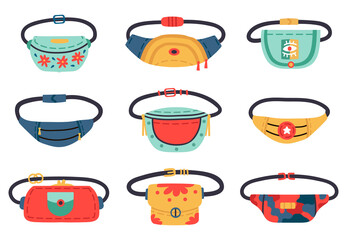 Belt bags. Vintage waist bags, banana shaped 90s accessory, hand drawn trendy colorful waist bag. Retro fashion pouch vector illustration set. Bag belt, waist luggage casual