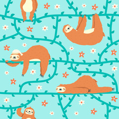 Obraz premium Cute sloths pattern. Lazy tropical sloths hanging on tree, jungle animal characters vector background illustration. Funny rainforest animals. Sloth sleep in jungle rainforest, repetition seamless