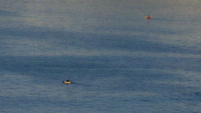 dos kayak o canoas dando un paseo por el mar al atardecer 