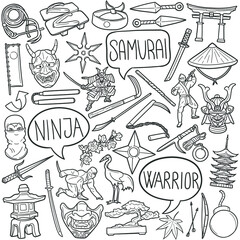 Samurai and Ninja doodle icon set. Asian Warriors Vector illustration collection. Banner Hand drawn Line art style. © josepperianes