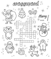 Crossword puzzle game of Christmas and New year theme. Black and white vector illustration for coloring book