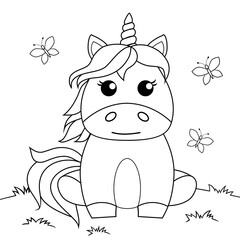 Cute cartoon sitting unicorn. Black and white vector illustration for coloring book
