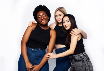 diverse multi nation girls group, teenage friends company cheerful having fun, happy smiling, cute posing isolated on white background, lifestyle people concept, african-american, asian and caucasian