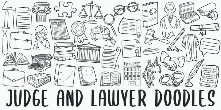 Judge and Lawyer, doodle icon set. Laws Style Vector illustration collection. Banner Hand drawn Line art style.