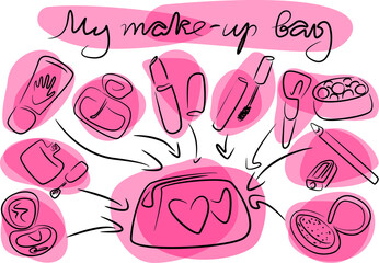 my make-up bag outline sketch decorative cosmetics pink background