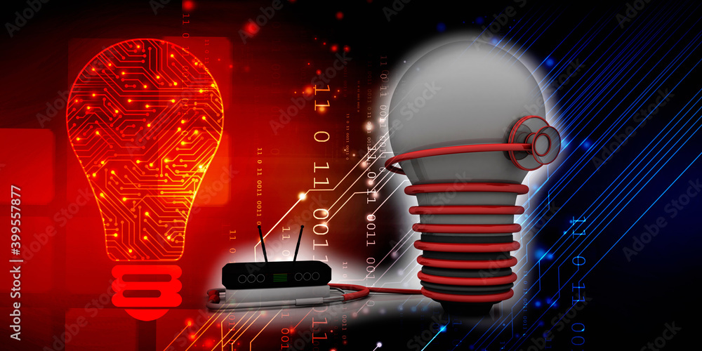 Poster 3d rendering transmitter wifi with stethoscope connected bulb