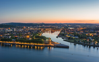 Fototapeta na wymiar The German Corner (Deutsches Eck) in Koblenz at sunset, Germany