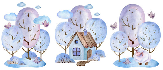 set of watercolor cards house in the woods  © Elena