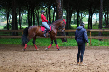 Chica hipica montando a caballo ecuestre en club de monta caballo andaluz cadiz doma clasica vaquera