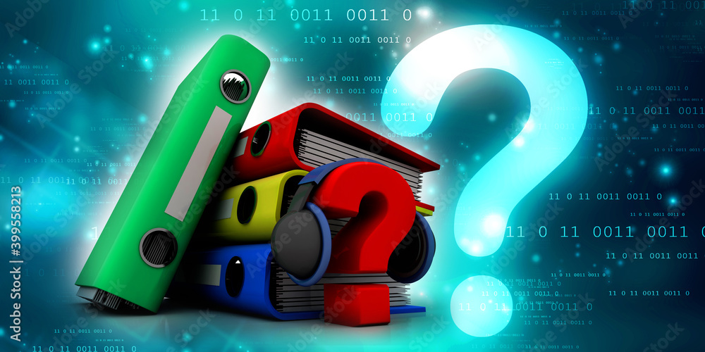 Poster 3d rendering question mark connected headphone near office file