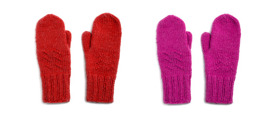 Red and pink mittens isolated on white background