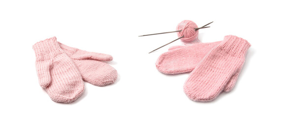 Pink mittens isolated on white background