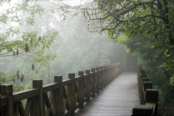  wooden bridge over the gorge and the river in the fog