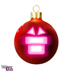 Obraz premium Red Christmas ball decorated gift, pink neon lamp, isolated on white. Holiday shape icon, glossy realistic bauble. Merry xmas, New year design decoration. 3d Modern fluorescent. Vector illustration