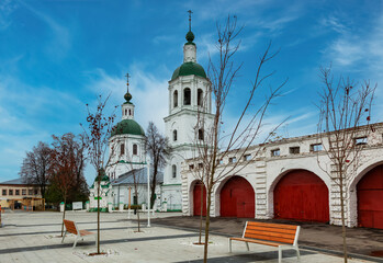 The Church of the Life-Giving Trinity in Zaraysk and the Gostiny Dvor of the city on a frosty autumn day. October 2020, Zaraysk, Moscow region, Russia